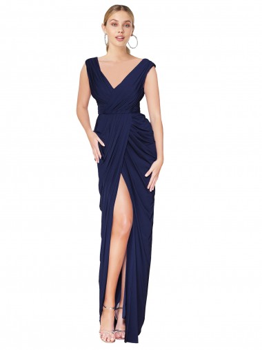Inexpensive Draped V-Neck Long Chiffon Prom Dress with Front Slit