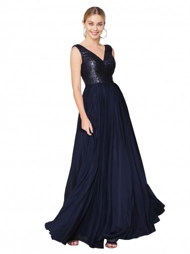 Inexpensive High Neck V-Neck Long Chiffon Prom Dress with Sequin Top