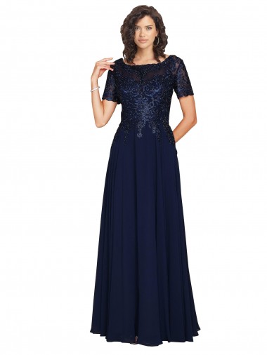 Inexpensive Short Sleeves A-Line Long Chiffon Prom Dress with Beaded Bodice