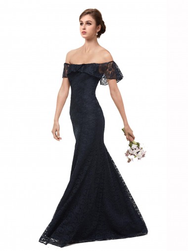 Inexpensive Off the Shoulder Long Lace Prom Dress with Flutter Sleeves