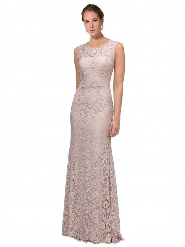 Inexpensive Long Sleeveless All Lace Prom Dress with Scoop Neckline