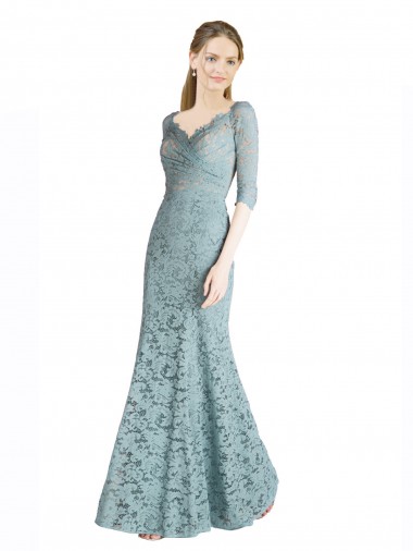 Inexpensive Half Sleeves Pleated Lace Prom Dress with Wrap-Around Portrait Neckline
