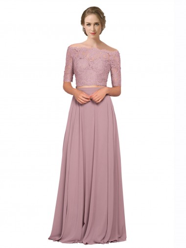 Inexpensive Off the Shoulder Lace Crop Top A-Line Chiffon Prom Dress