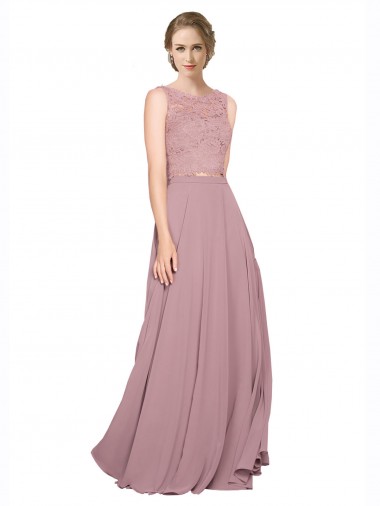 Inexpensive Long A-Line Chiffon Prom Dress with Sleeveless Lace Crop Top