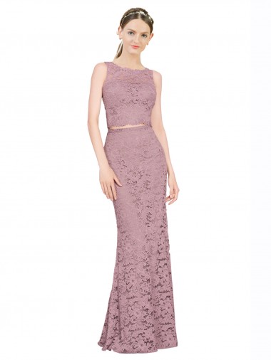 Inexpensive Sleeveless Crop Top High Neck Mermaid Lace Prom Dress