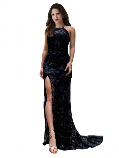Inexpensive High Neckline Lace Open Back Prom Dress with High Slit