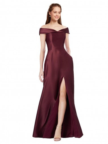 Inexpensive Long Off the Shoulder Satin Prom Dress with Thigh-high Slit