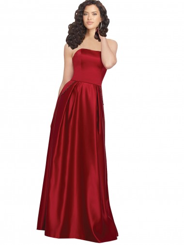 Inexpensive Strapless Satin Prom Dress with Beaded Pocket and Soft Pleating