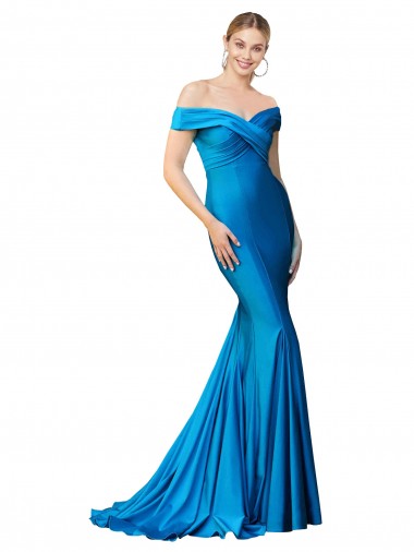 Inexpensive Off the Shoulder Long Chapel Train Satin Prom Dress