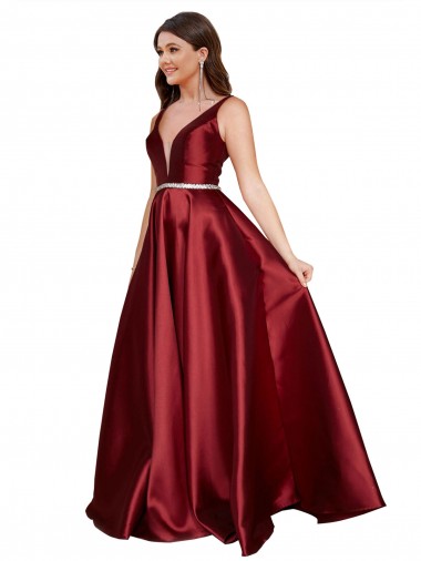 Inexpensive Sleeveless Deep V-Neck A-Line Satin Prom Dress with Pockets