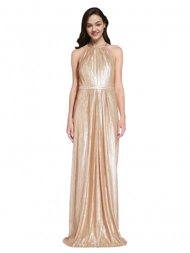 Inexpensive Floor Length Halter Neck Sparkling Sequin Prom Dress with Pleats