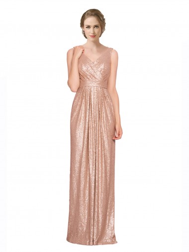 Inexpensive Draped V-Neck Striking Sheath Floor Length Sequin Prom Dress