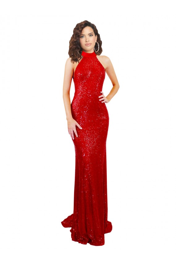 Halter High Neck Mermaid Open Back Sequin Prom Dress