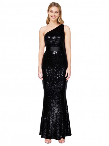 Inexpensive Draped One Shoulder Long Full Length Sequin Prom Dress