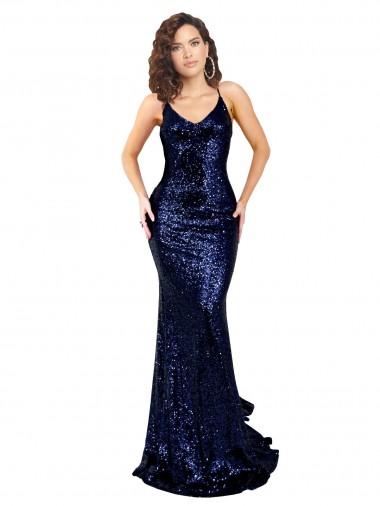 Inexpensive Mermaid V-Neck Low Back Long Sequin Prom Dress