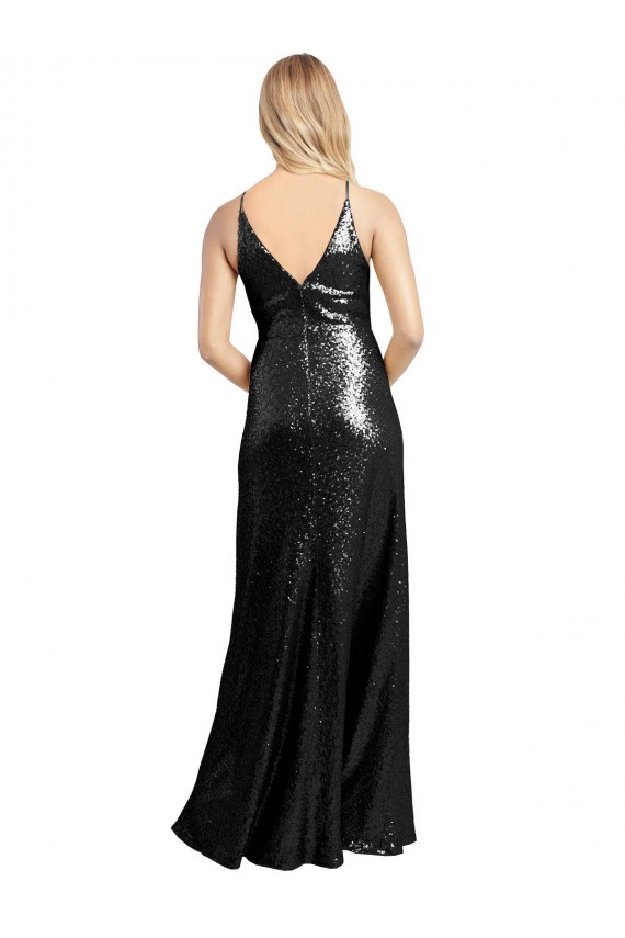 Full Length A-Line Sequin Prom Dress with Spaghetti Straps V-Neckline