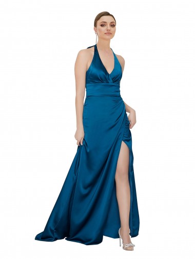 Inexpensive Halter Neck Silky Satin Prom Dress