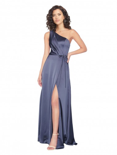 Inexpensive Draped Silky Satin Prom Dress with Tied Waist