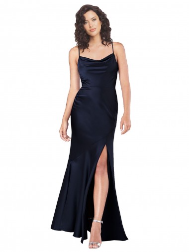 Inexpensive Draped Cowl Neck Silky Satin Prom Dress with Skirt Slit