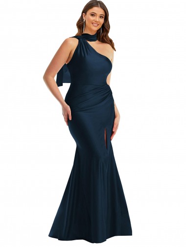 Inexpensive Scarf Neck One Shoulder Silky Satin Mermaid Prom Dress with Front Slit