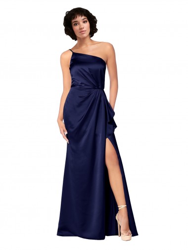 Inexpensive One Shoulder Silky Satin Prom Dress with Skirt Slit