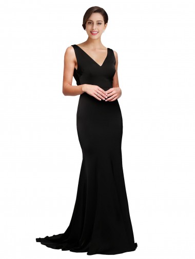 Inexpensive V-Neck Full Length Silky Satin Prom Dress with Soft Cowl Neck and Sweep Train
