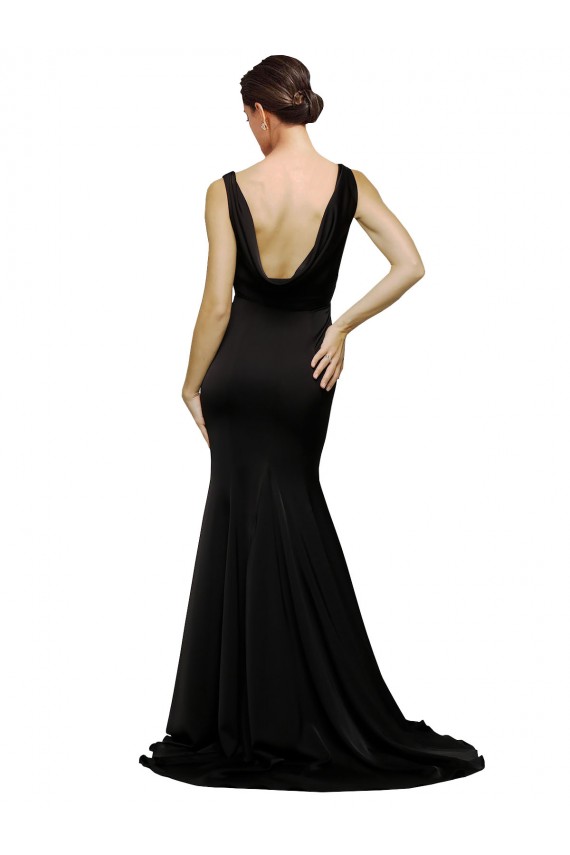 V-Neck Full Length Silky Satin Prom Dress with Soft Cowl Neck and Sweep Train