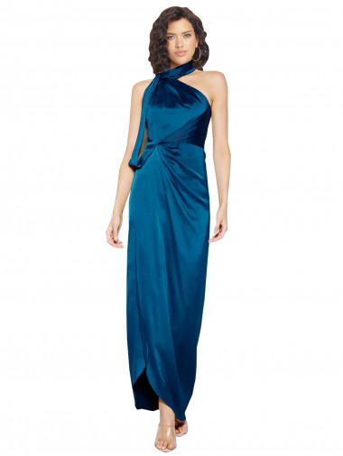 Inexpensive High Halter Neck Silky Satin Prom Dress with Sash Overlay and Side Split