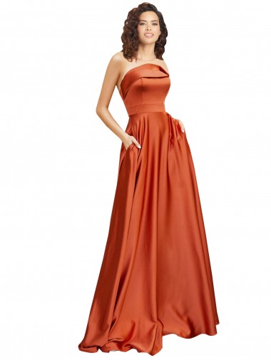 Inexpensive Strapless Sweep Train Silky Satin Prom Dress with Pleats