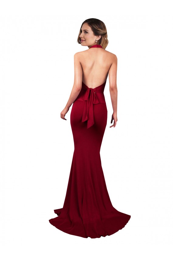 Halter Mermaid Plunge V-Neckline Open Back Bow Tie Spandex Prom Dress