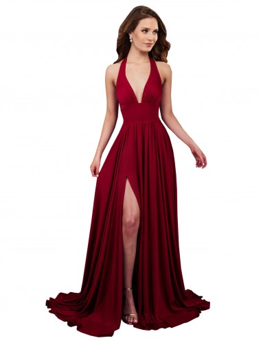 Inexpensive A-Line Halter Plunge V-Neckline Open Back Spandex Prom Dress with Slit