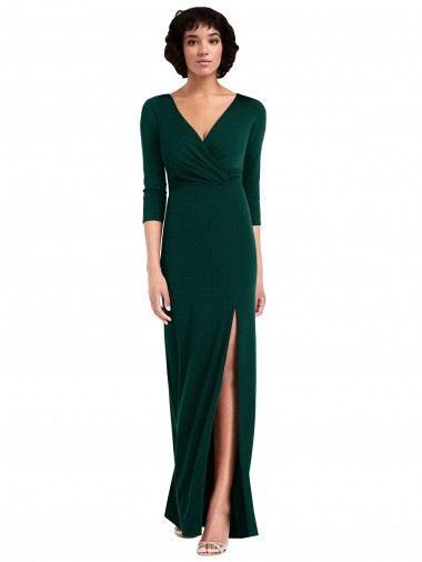 Inexpensive Floor Length 3/4 Sleeves V-Back Draped Wrap Maxi Spandex Prom Dress