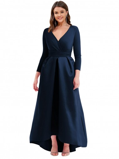Inexpensive Long Sleeves Wrapped Spandex Prom Dress with High Low Full Skirt and Pockets