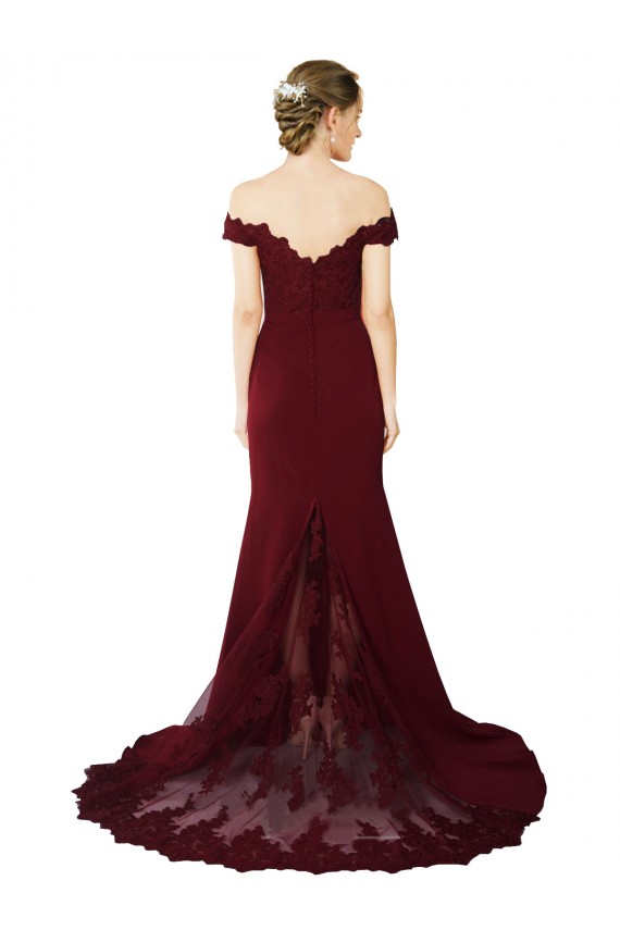 Full Length Off the Shoulder Formal Crepe Prom Dress with Lace On Bodice and Back