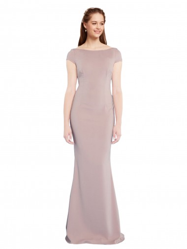 Inexpensive Boat Neck Cap Sleeve Crepe Prom Dress with Plunging Tie Back