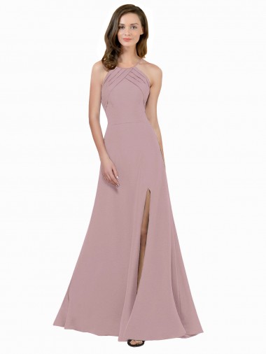 Inexpensive High Neck Crepe Prom Dress with Pleats and Keyhole Back