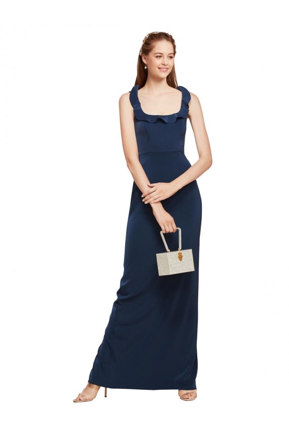 Scoop Neck with Ruffles Long Crepe Prom Dress with Back Slit