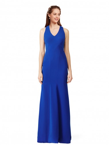Inexpensive Halter V-Neck Long A-Line Crepe Prom Dress