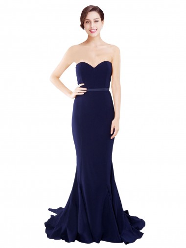 Inexpensive Strapless Sweetheart Neckline Crepe Prom Dress with Satin Waistband