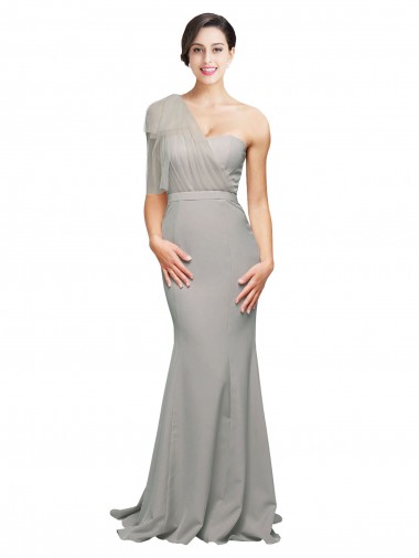 Inexpensive Long Sweep Train Sweetheart Crepe Prom Dress with Tulle One Shoulder