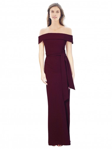 Inexpensive Off the Shoulder Long Crepe Prom Dress with Waist Tie