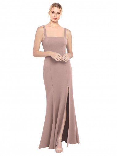 Inexpensive Square Neck Fit and Flare Long Stretch Crepe Prom Dress with Side Slit
