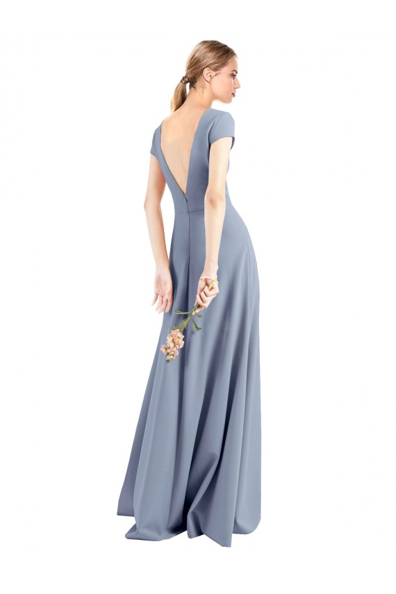 Plunging V-Neck Cap Sleeves Stretch Crepe Prom Dress with Front Slit