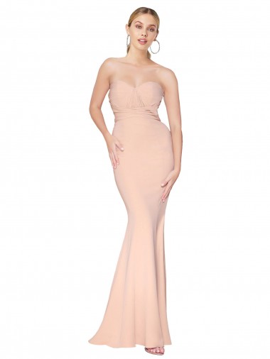 Inexpensive Sweetheart Shirred Neck Long Floor Length Crepe Prom Dress