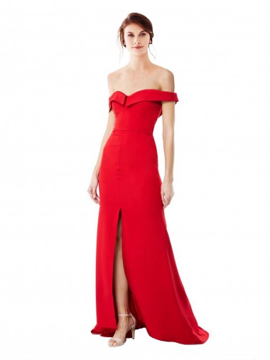 Inexpensive Off the Shoulder Chapel Train Crepe Prom Dress with Thigh-High slit