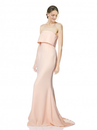 Inexpensive High Neck Strapless Long Crepe Maxi Prom Dress with Overlay