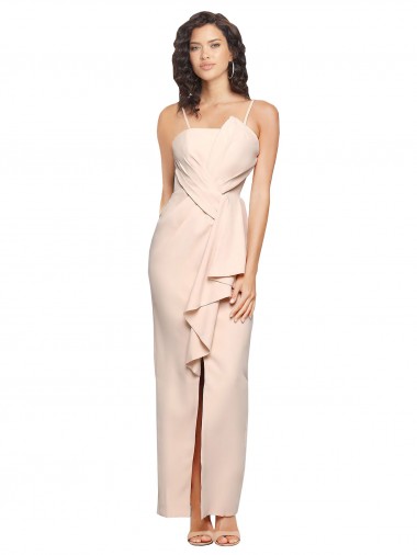 Inexpensive Long Full Length Ruffles Strapless Low Back Crepe Prom Dress with Straps