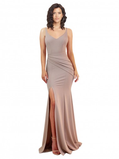 Inexpensive Fishtail Shape V-Neck Crepe Prom Dress with Slit