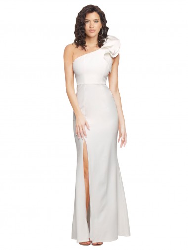 Inexpensive One Shoulder Long Full Length Crepe Prom Dress with Ruffles and Side Split