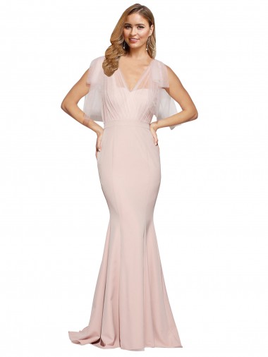 Inexpensive Double Bow Full Length Sweetheart Crepe Prom Dress with Tulle Overlay